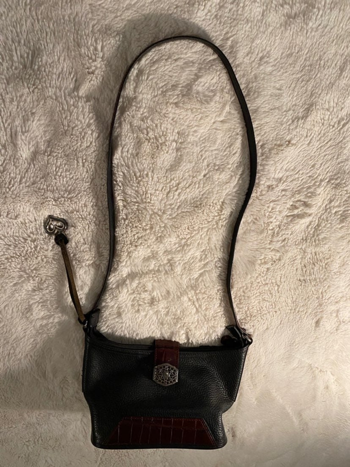 Brighton Purse Black with Brown Alligator Trim, Heart Fob, Burgundy Interior
