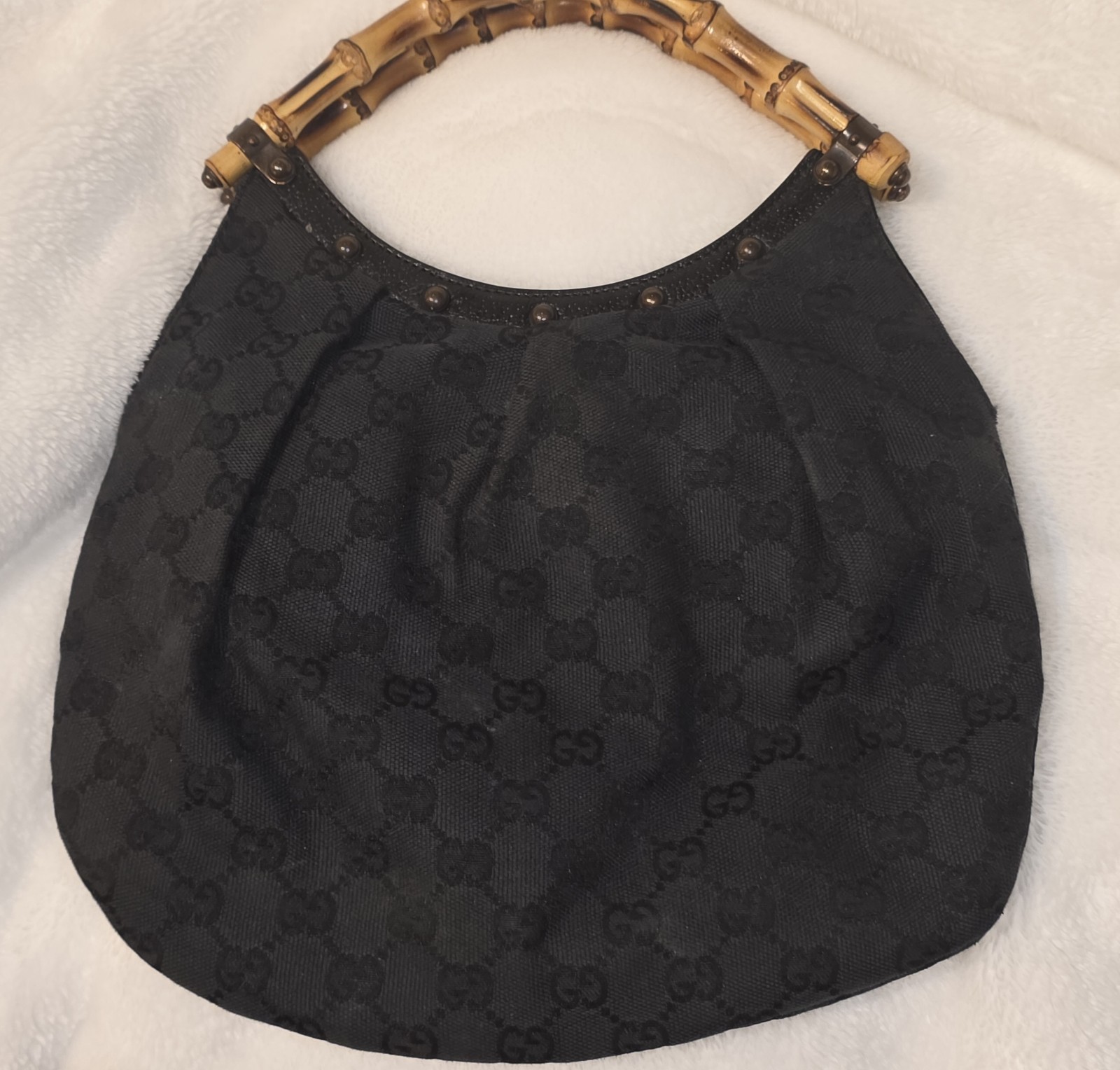​Auth Vintage Gucci Studded GG Canvas Bamboo Handle Hobo Bag Black 124297