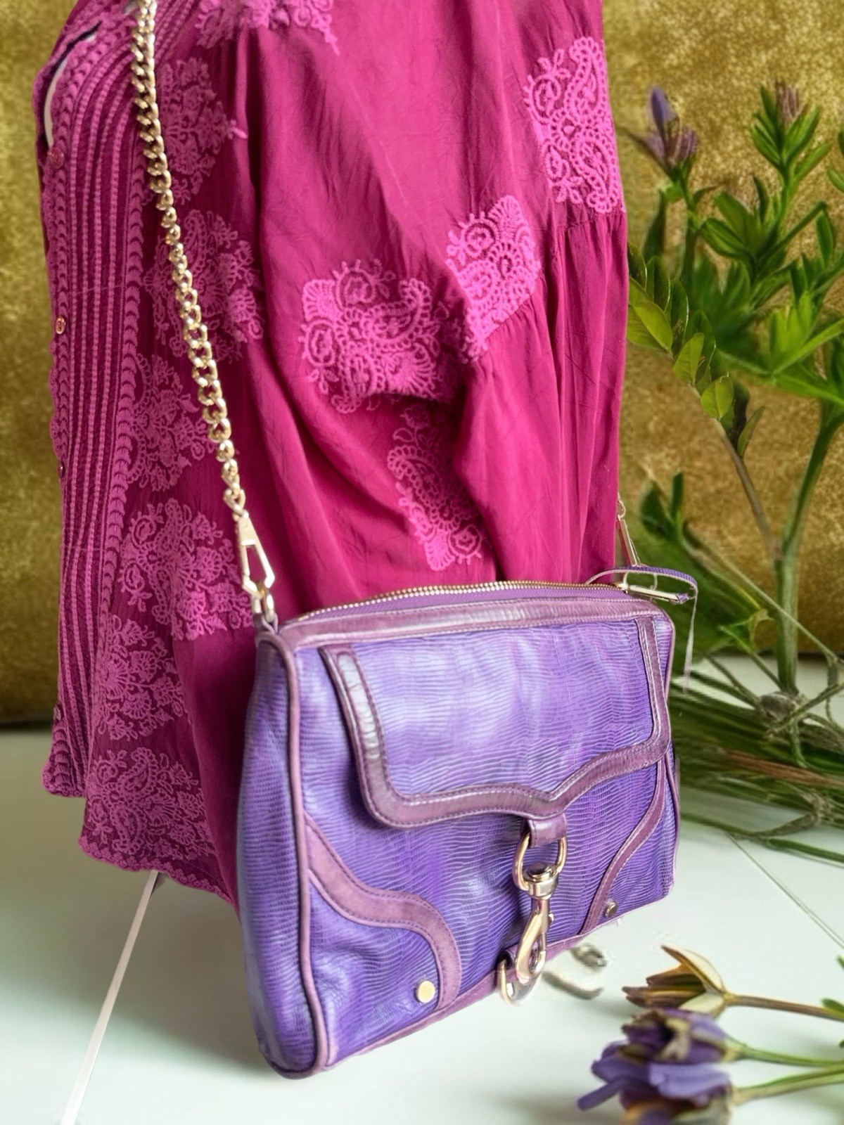 Rebecca Minkoff MAC Crossbody Purse Purple Leather Gold Chain!