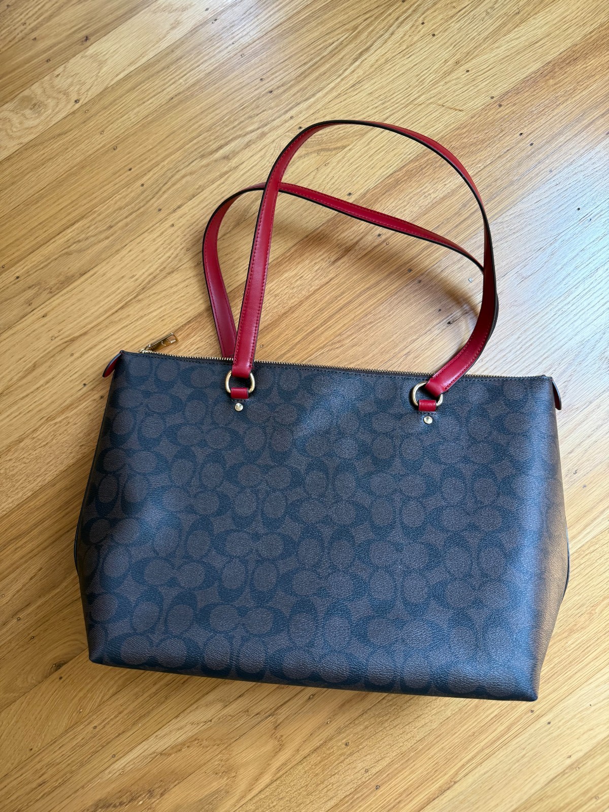 COACH Gallery Tote Brown Signature Canvas Red Leather Shoulder Bag Purse F79609