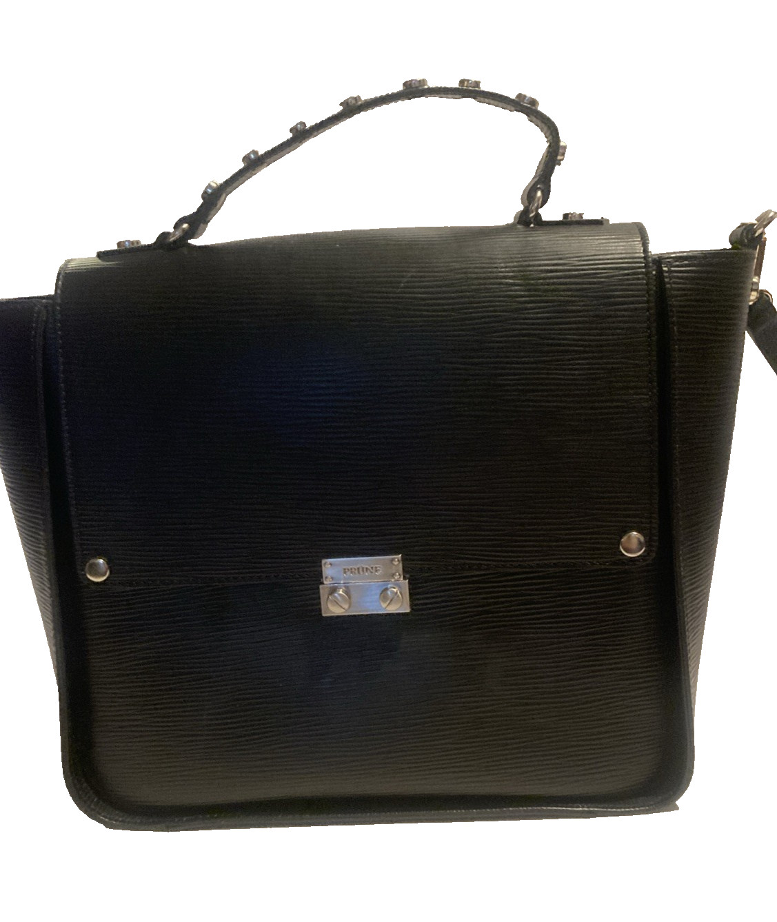 Prune Argentine genuine Leather embossed black handle purse bag L 10.5 in W 13