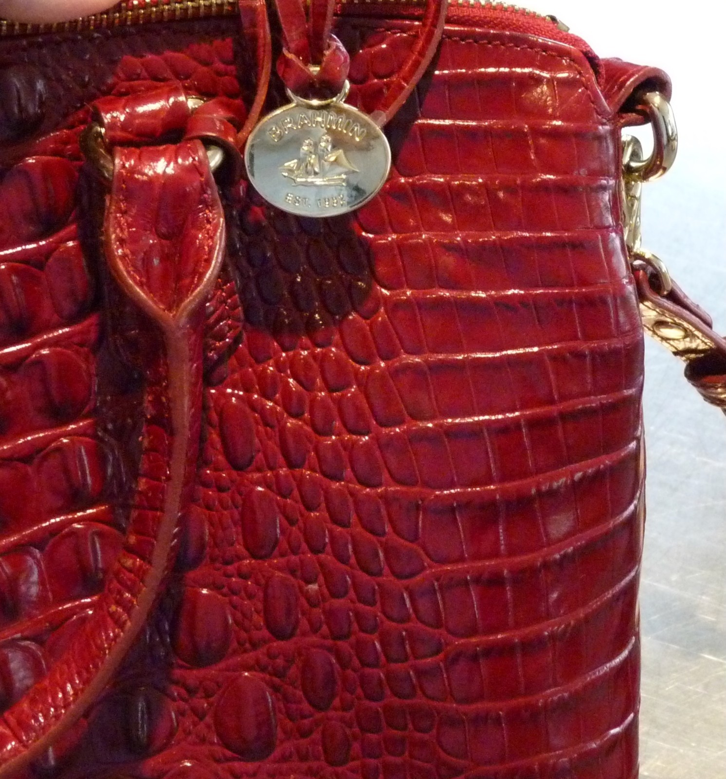 BRAHMIN Duxbury Melbourne Pink Red Croc Embossed Leather Satchel Bag