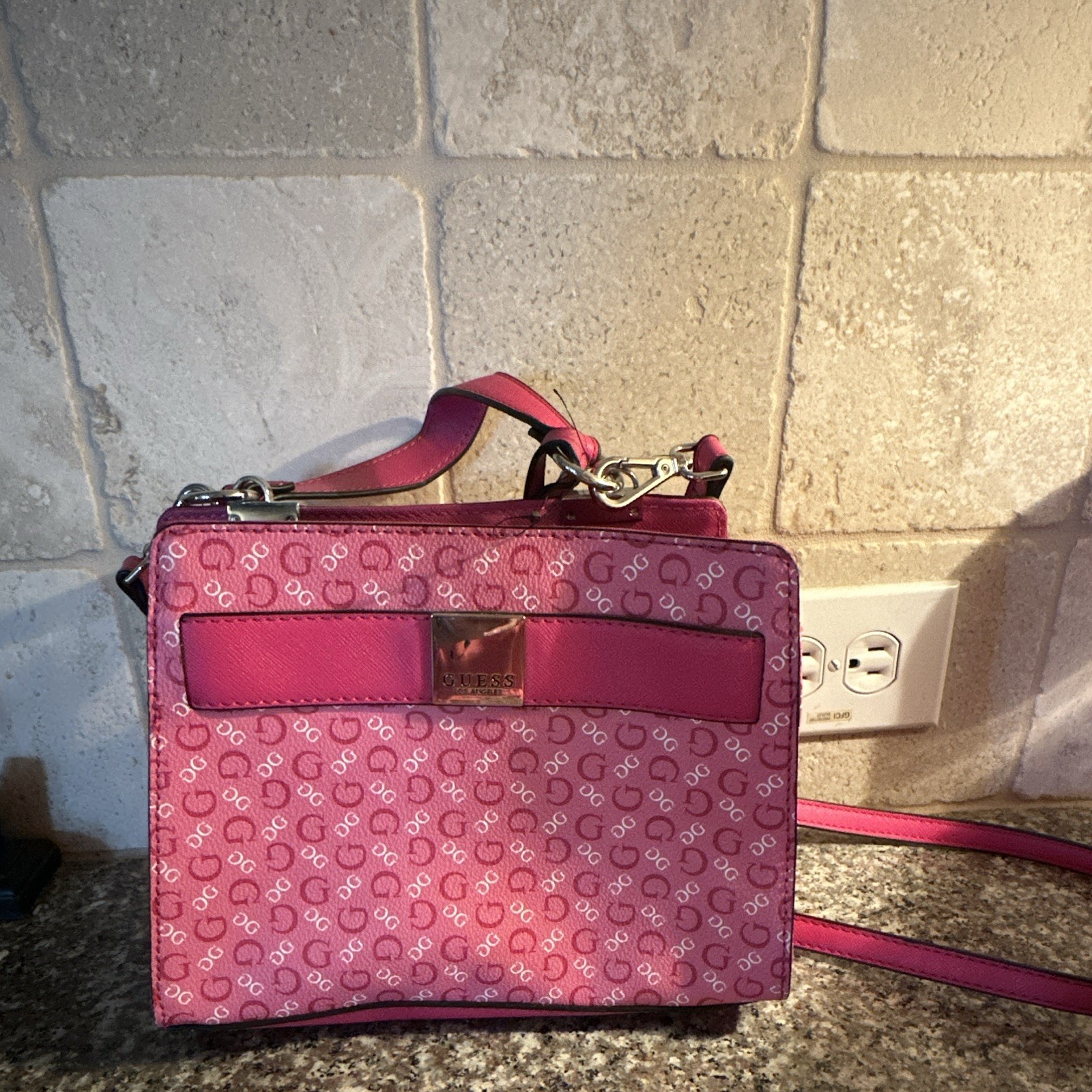 GUESS Pink Logo Monogram Small Crossbody Bag Adjustable Strap Zip Charm