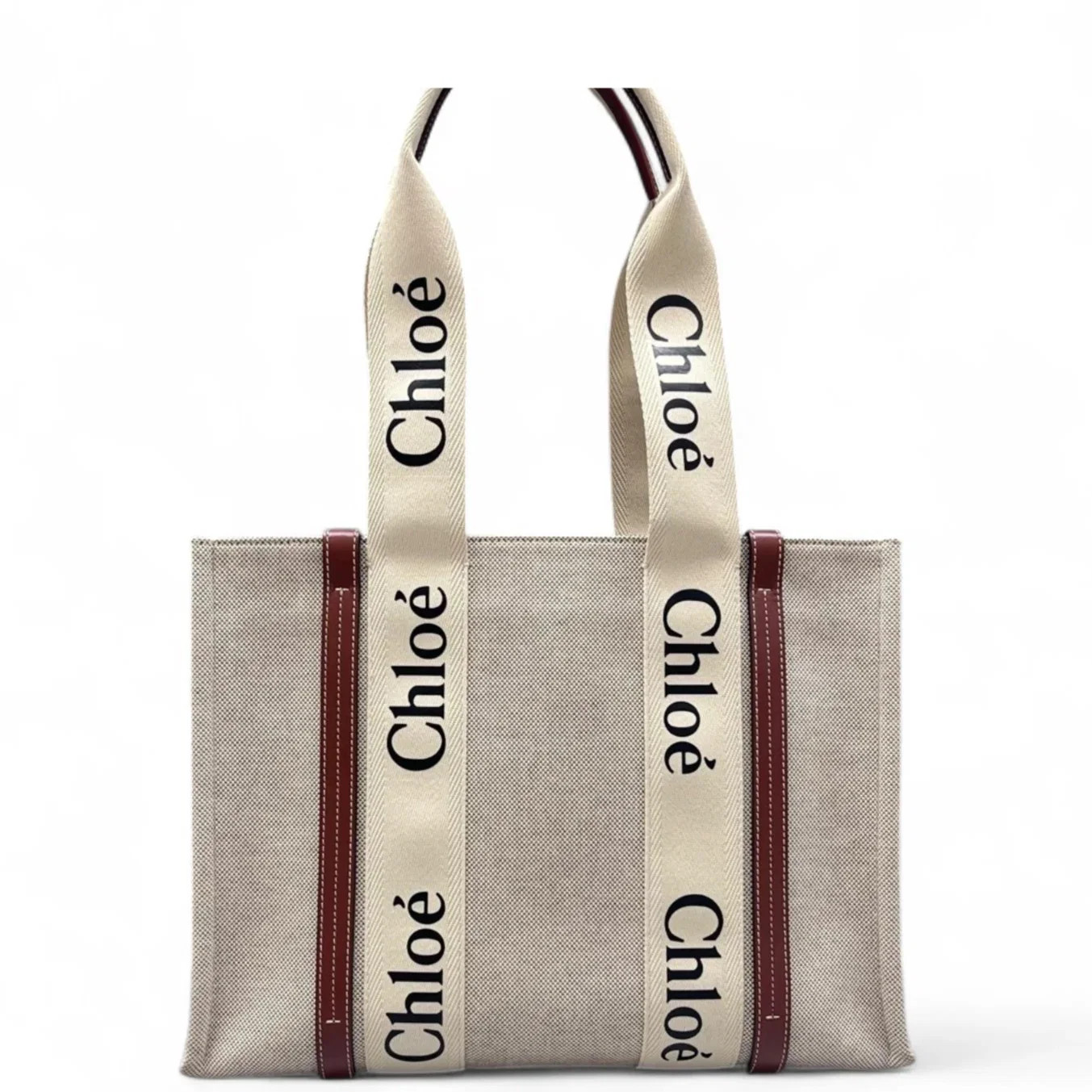 Chloe Medium Woody Ribbon Tote Beige Brown Black Canvas Calfskin (sa071626a2r)