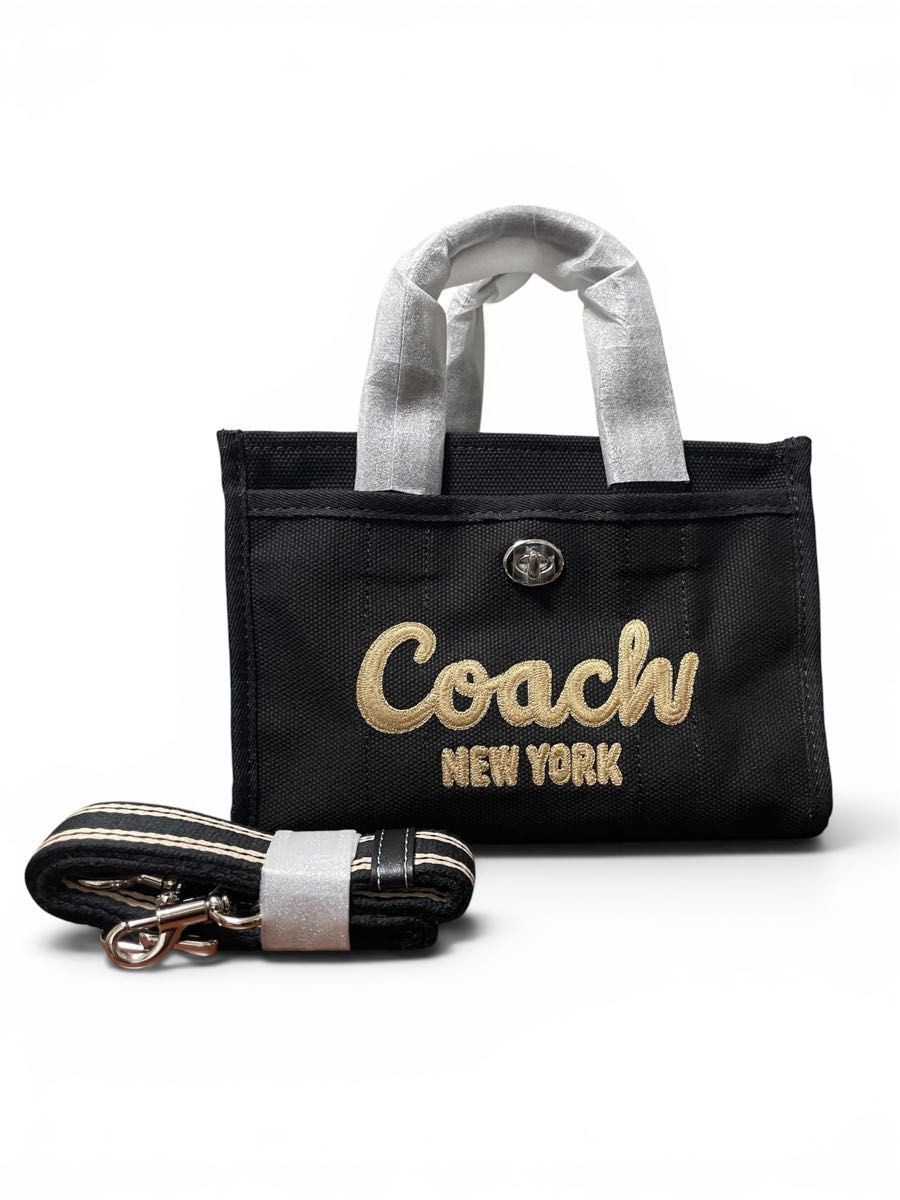 COACH CP164 Cargo Tote 2-Way Shoulder Bag Canvas Leather Black 19.5x26x13cm