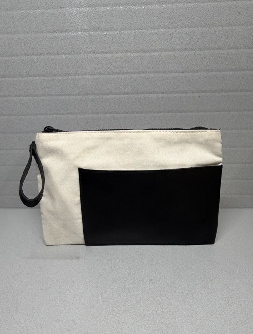 EXCELLENT CONDTN-YSL Beaute Clutch Bag Beige/Black FauxLeather Trim Logo Medium