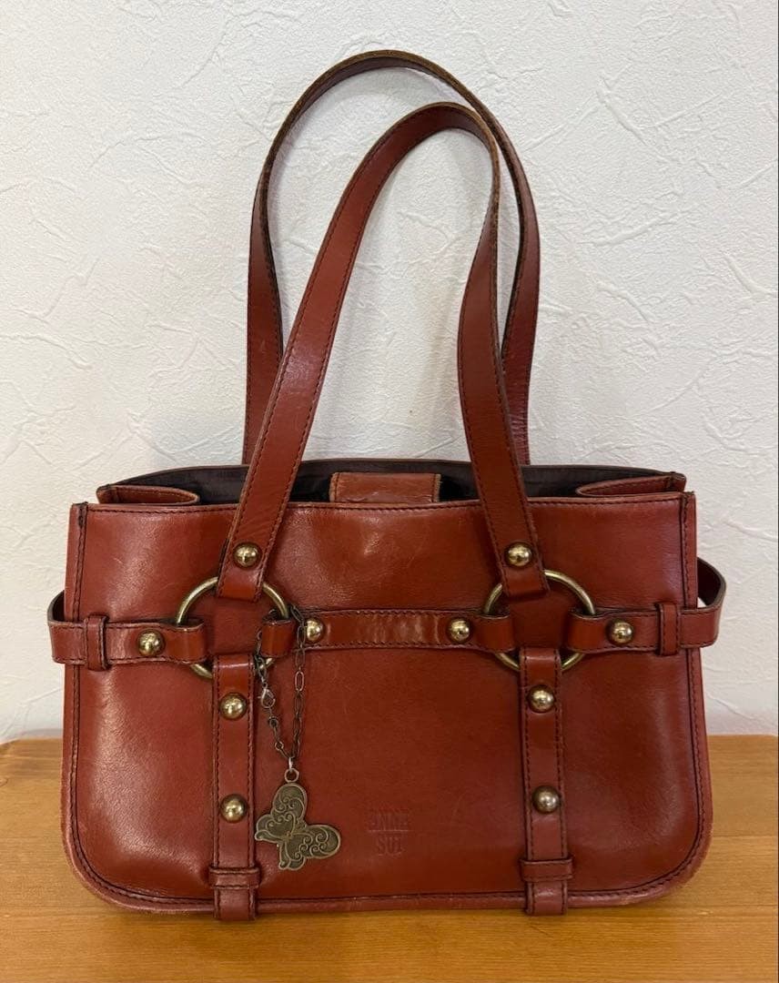 Anna Sui Leather Handbag 15cm 28cm Retro Rare Vintage Black Gold Hardware Bag