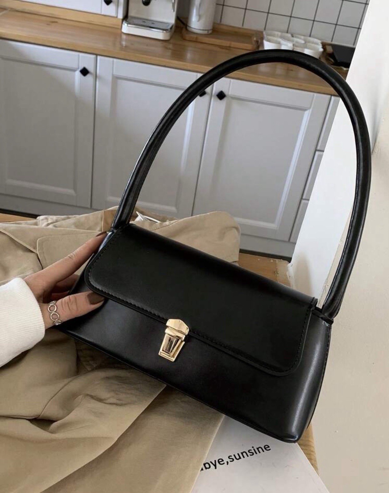 Women’s Black Rectangle Shoulder Bag Purse, Top Handle, Gold Clasp Closure