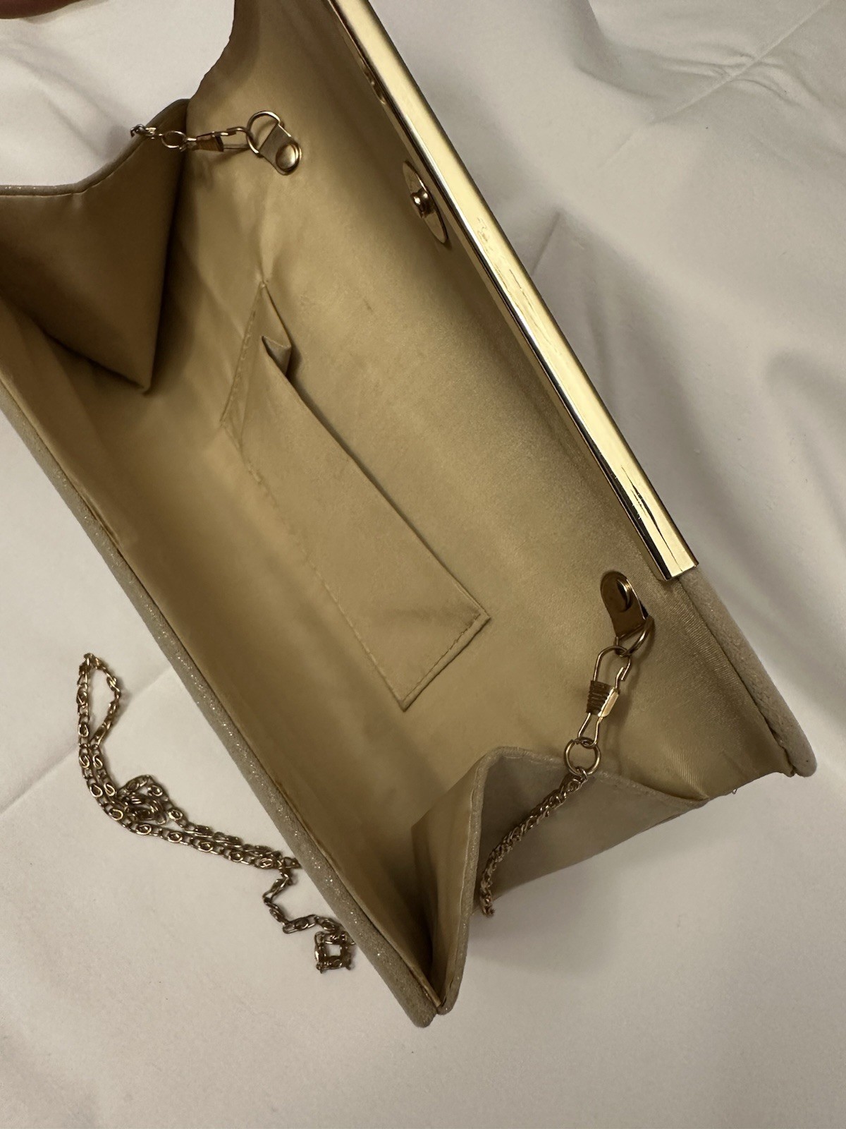 Beige Clutch with Gold Chain Strap, Metal Bar Accent, Detachable Strap