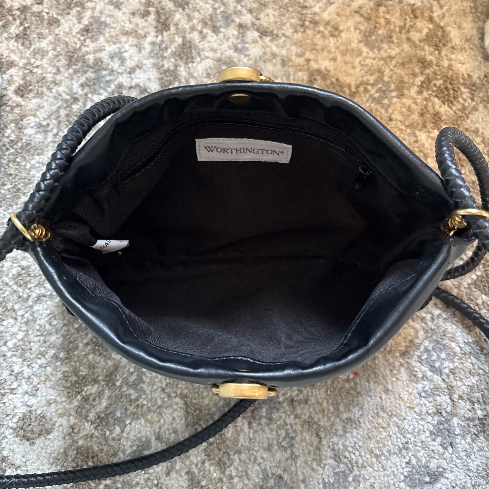 Worthington Black Crotchet Laced Women’s Purse Long Leather Strapped Tote!