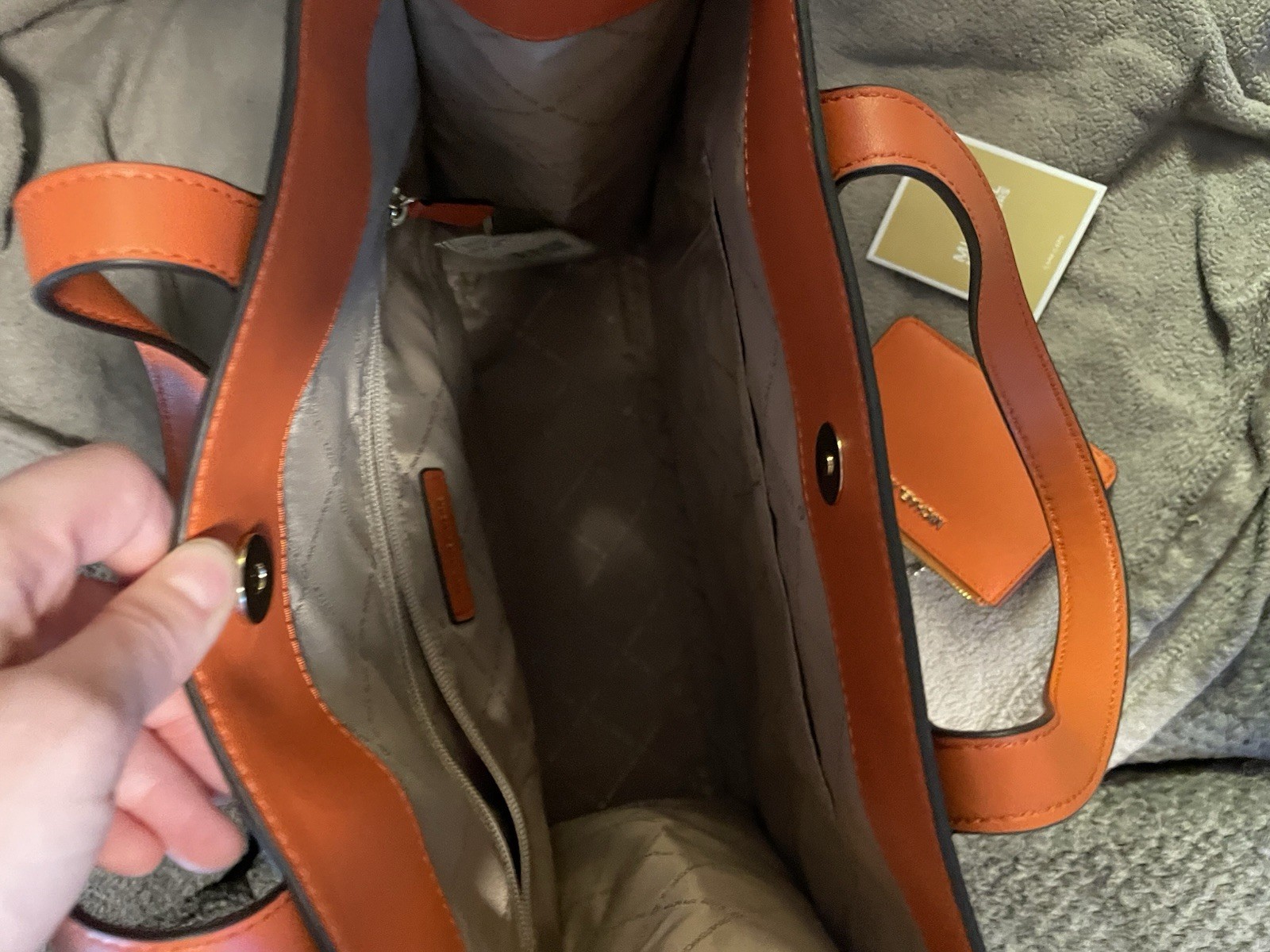 Michael Kors Signature Logo Large Tote Brown Orange Zip w/ Detachable Strap