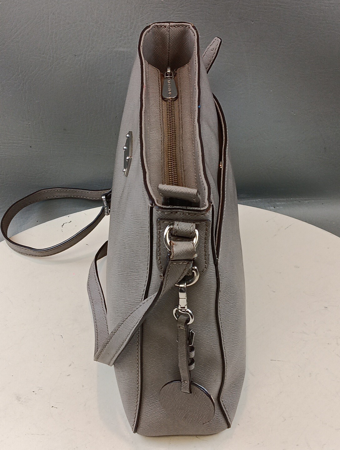 Michael Kors Purse Clay Gray Saffiano Leather Cross Body Bag W Charm Logo