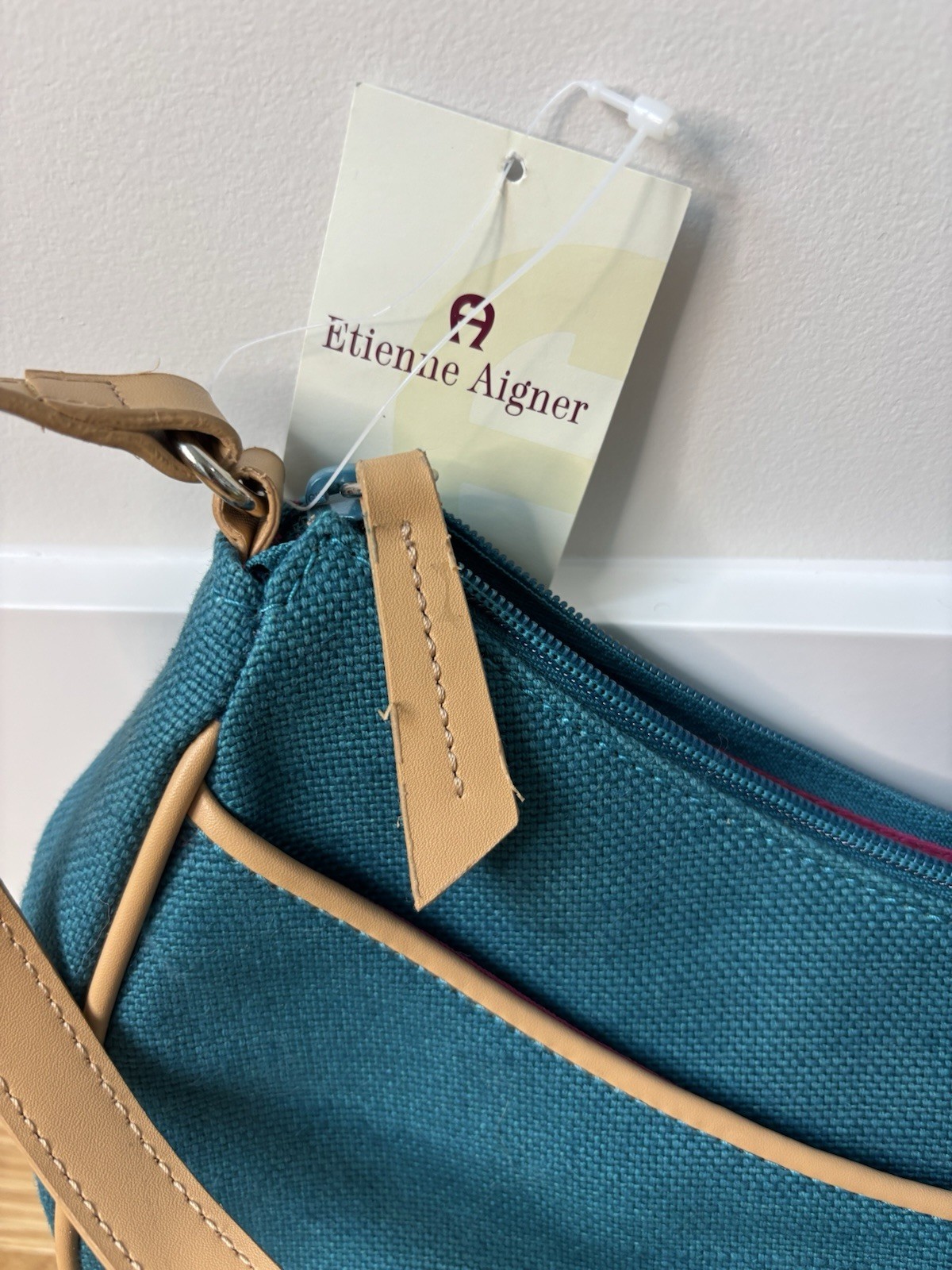 Etienne Aigner Blue Crescent Shoulder Bag Medium Zip/Magnetic, Pink Lining