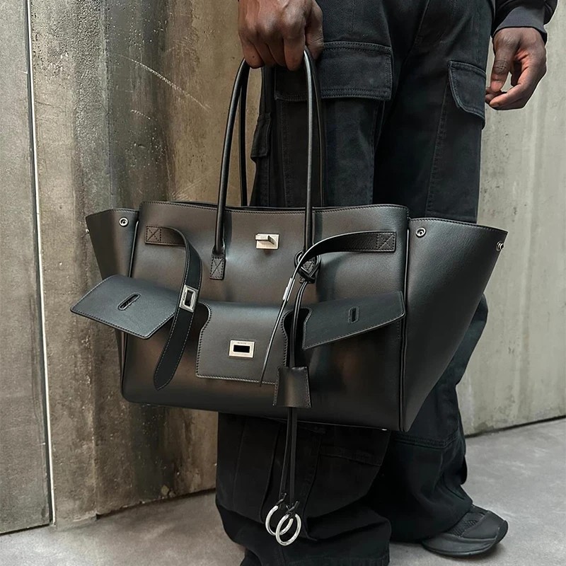 Oversized Multi Pocket Leather Tote Bag Black Utility Shoulder Travel Purse