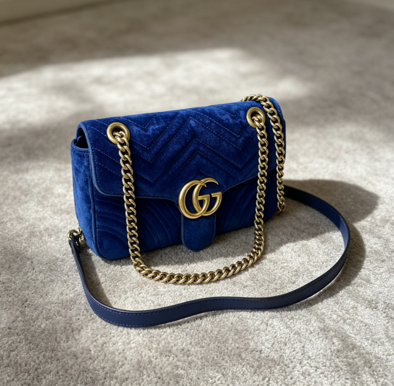 Gucci GG Marmont Medium Royal Blue Chevron Quilted Velvet Chain Shoulder Strap