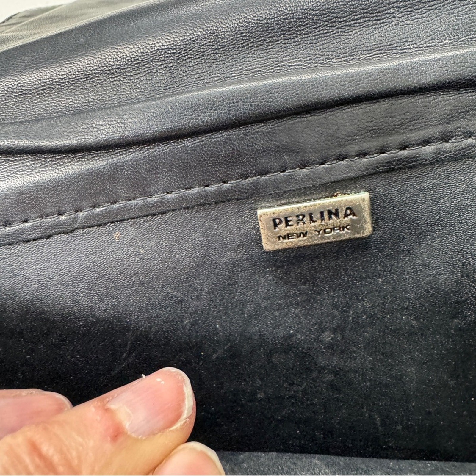 Perlina New York Black Leather Crossbody Bag Handbag Purse Womens Classic