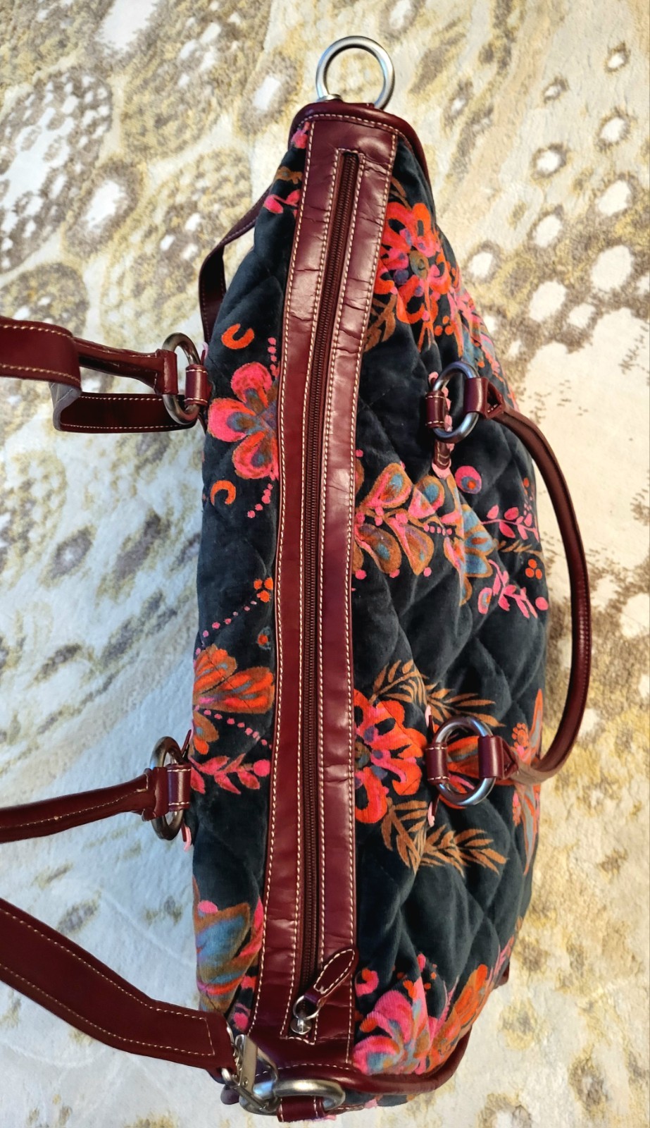 Authentic Vintage Oilily Bag Velour with Burgundy Leather Handles/ Base Interior