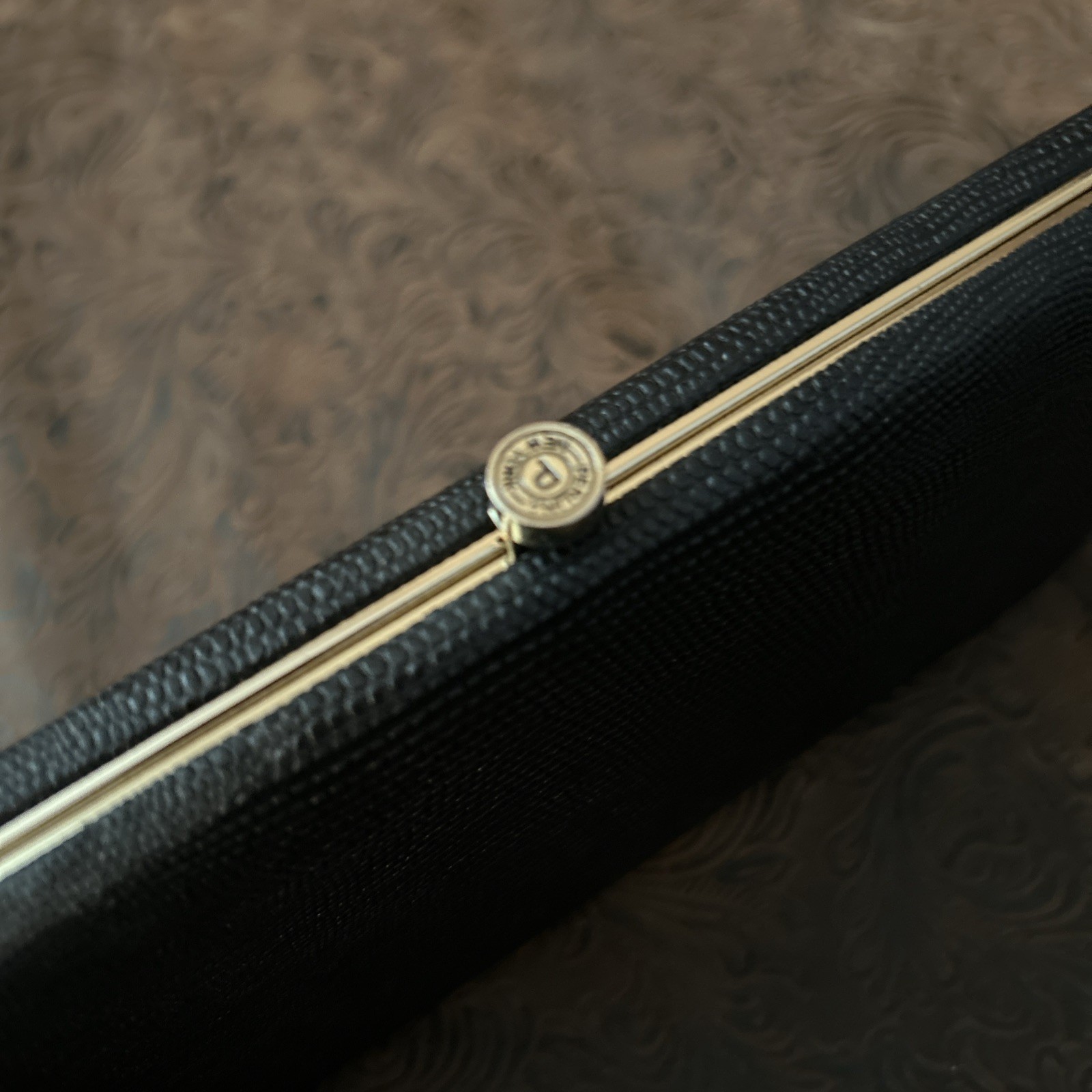Perlina Clutch Wallet Black Leather Framed Push Look Gold Leather Interior