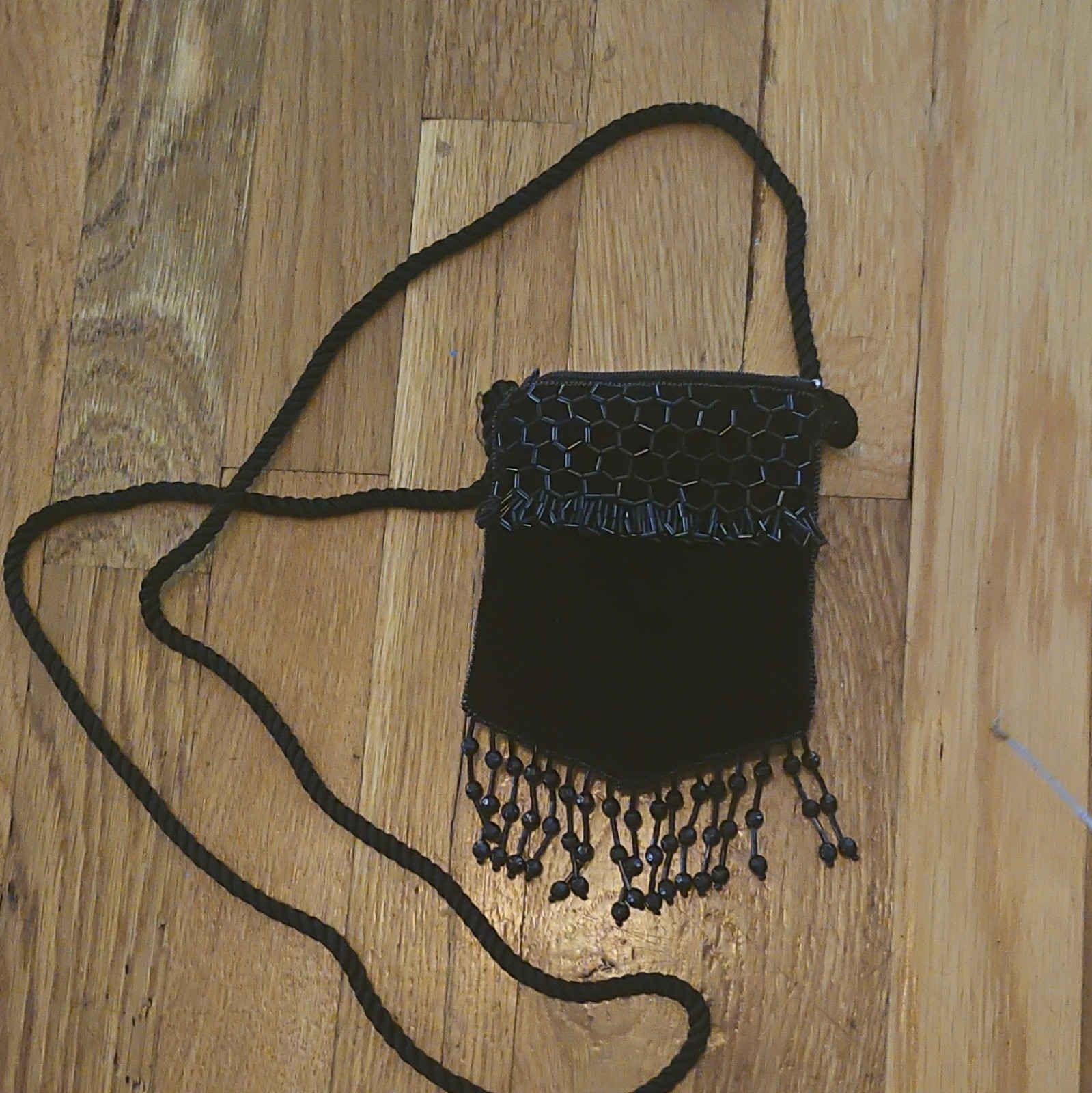 Black Geometric Beaded Fringe Shoulder Bag, Zip Closure, Lined, Strap