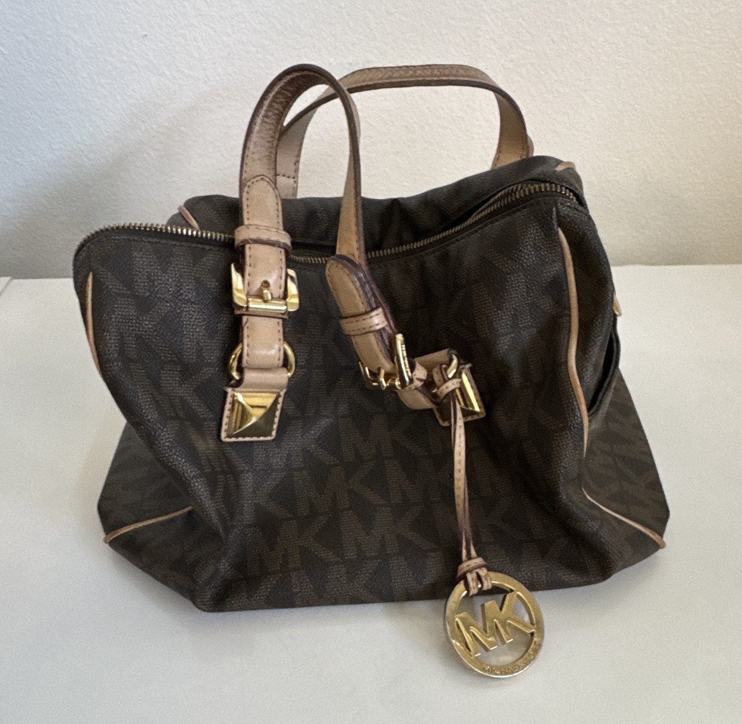 Michael Kors Brown MK Monogram Satchel Top Handle Zip, Gold Hardware, Charm