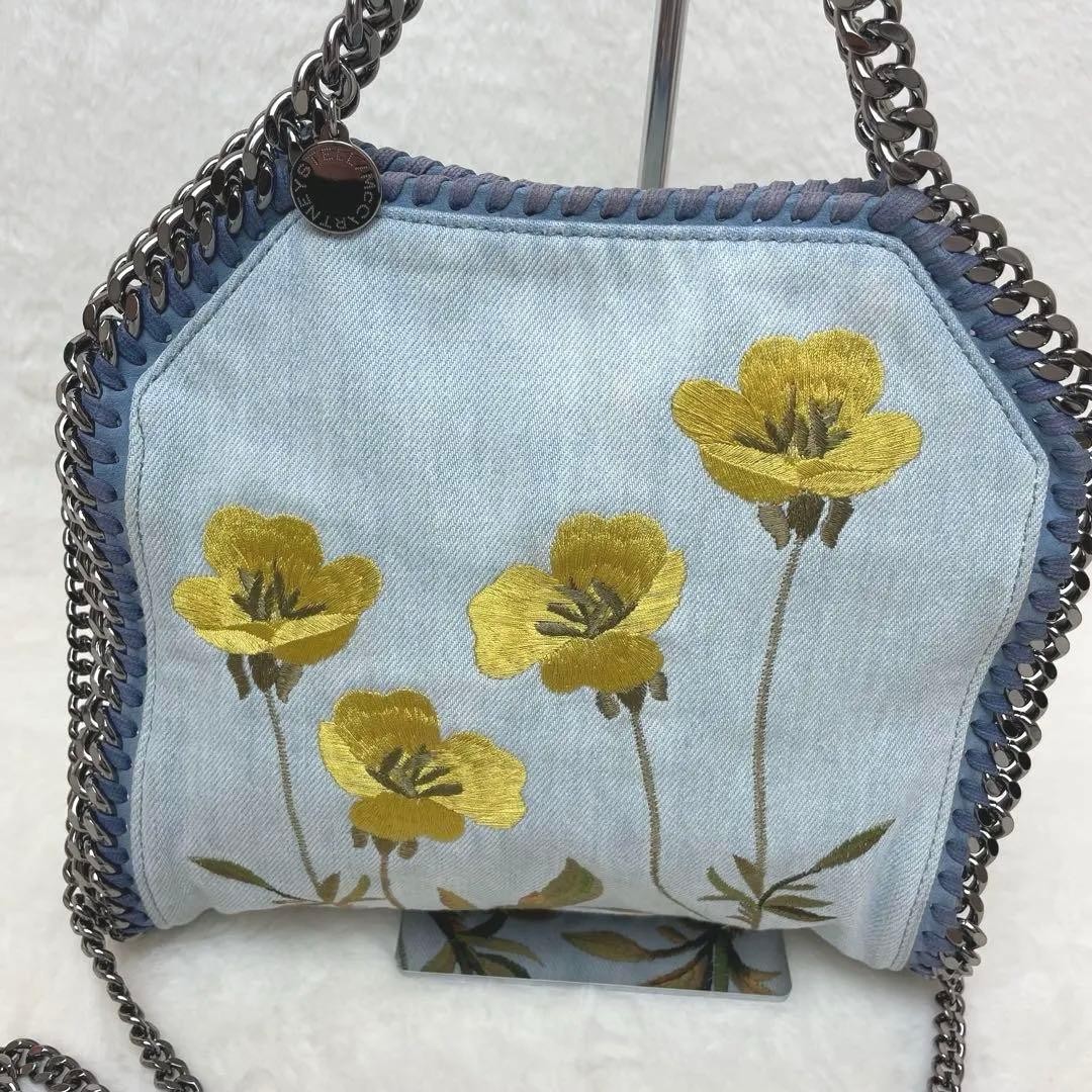 STELLA MCCARTNEY Falabella Tote bag Denim Floral embroidered 2way Authentic
