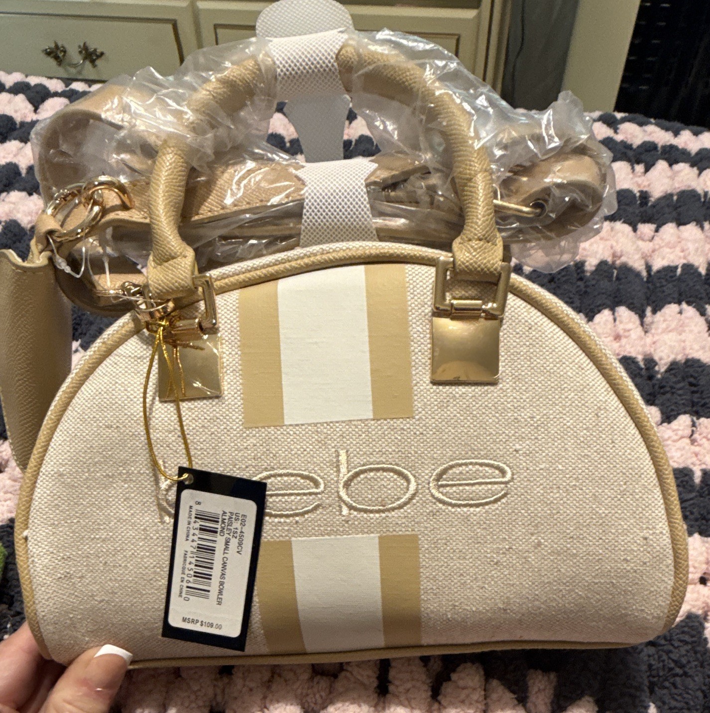 bebe Small Bowler Satchel Purse Almond Gold Hardware Zip Top Handle Strap