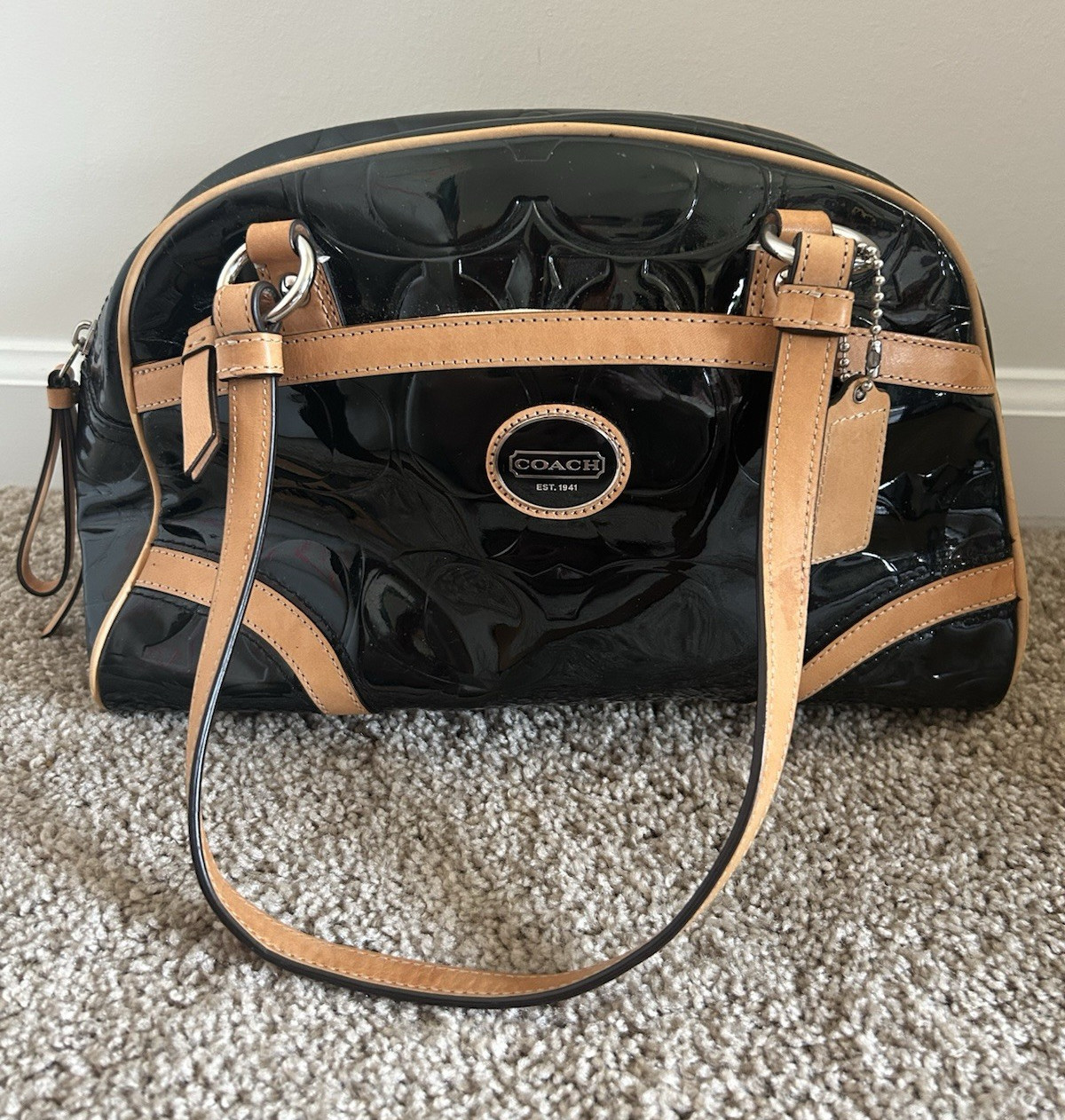 Patent Leather Coach “Peyton” F20065 Purse Black w/Tan Leather Accents