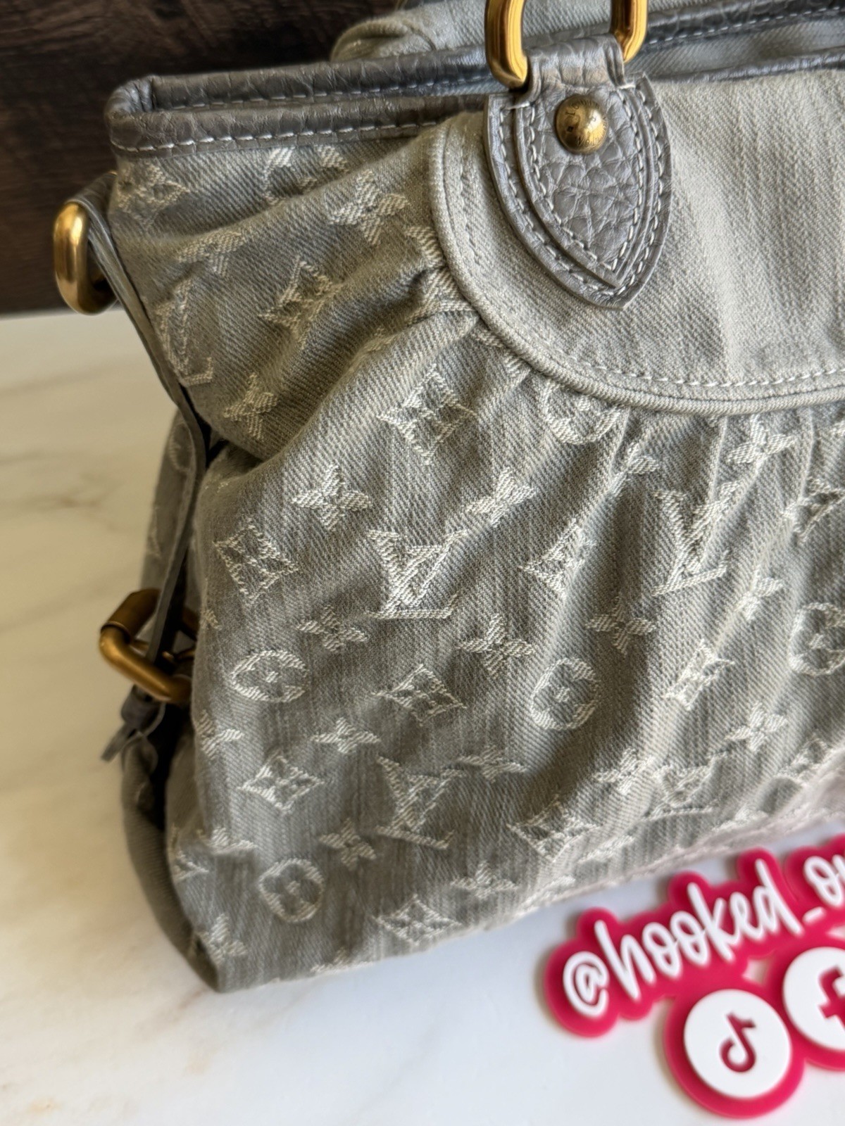 Authentic Louis Vuitton Neo Cabby Gray Denim Two Way Wear Shoulder Tote Handbag