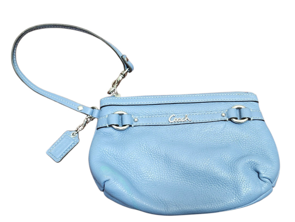 Coach Blue Leather Wristlet Small Pouch Zip Top Mini Bag Y2K Handbag Silver