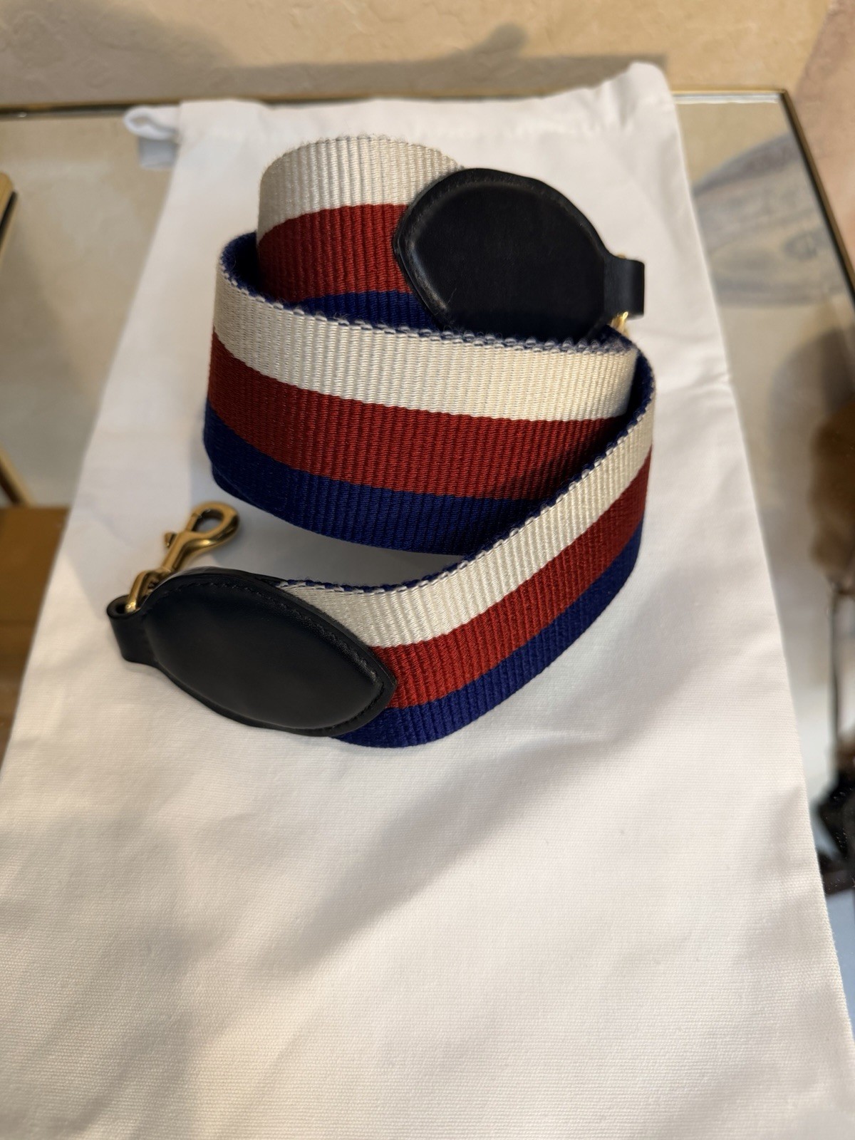 Gucci Vintage Web Canvas Shoulder Strap 44” Reversible Gold Hardware Retail $750