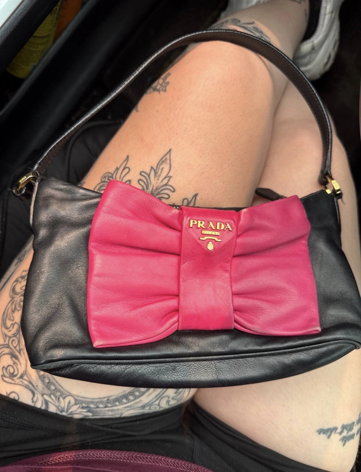 PRADA Fiocco Black/Pink Bow Shoulder Bag, Gold Hardware, Zip Closure