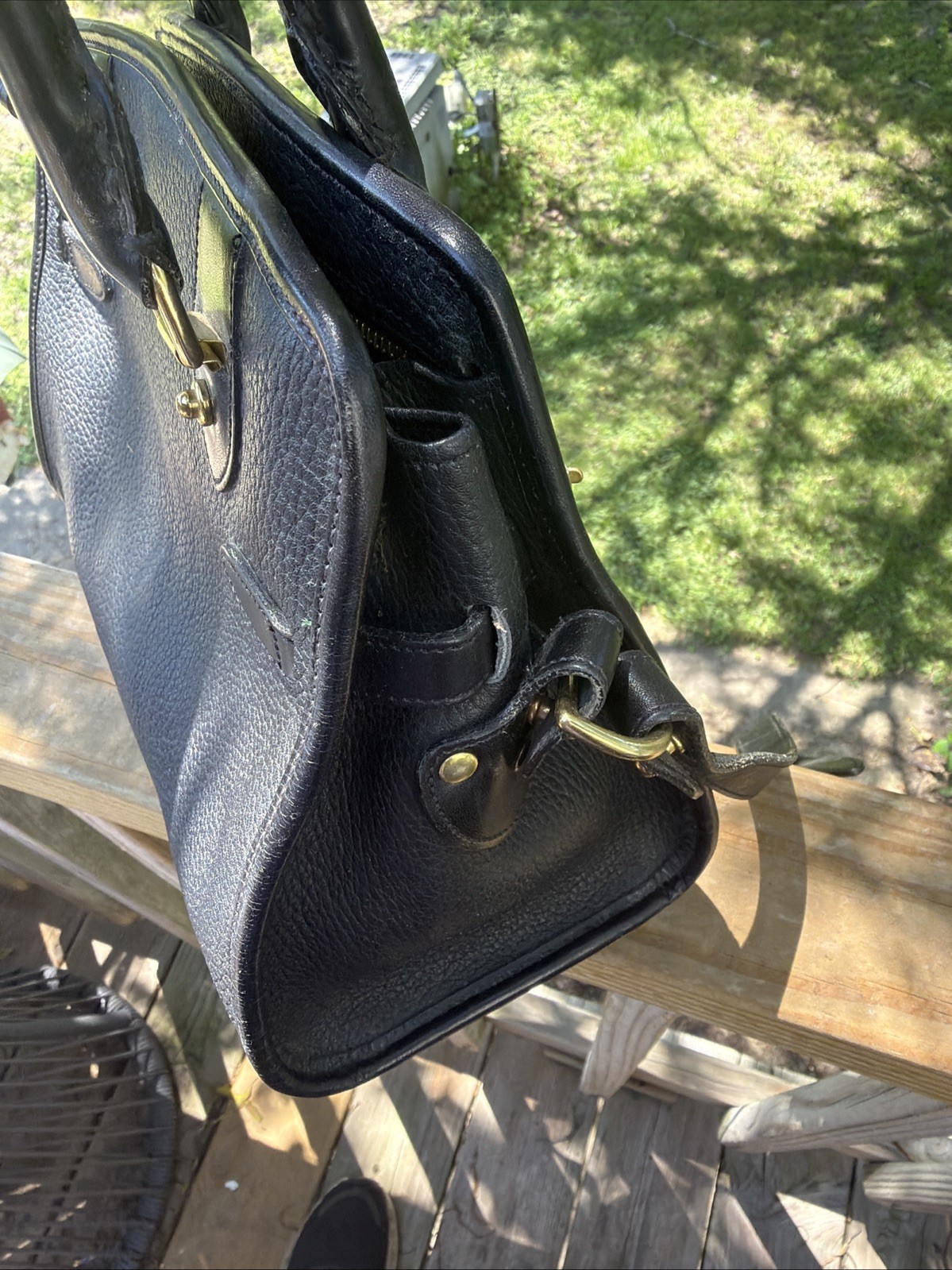 Dooney & Bourke Vtg Blk. Leather Satchel Bag with Gold Accents, Strap Missing