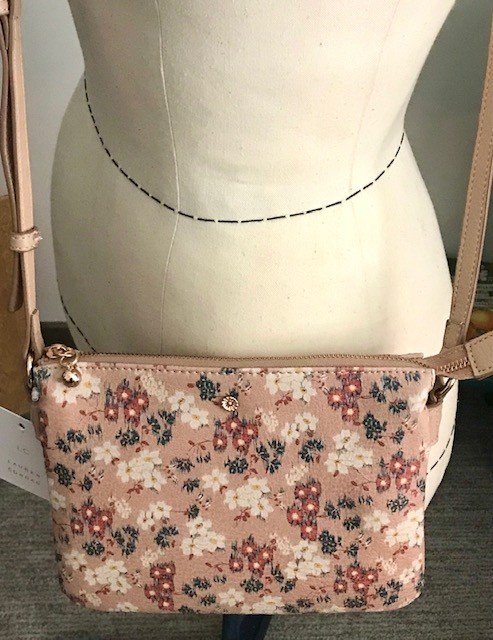 LAUREN CONRAD DESIGNER LC FLORAL DITZY PRINT TAN/BLUSH CROSSBODY HANDBAG