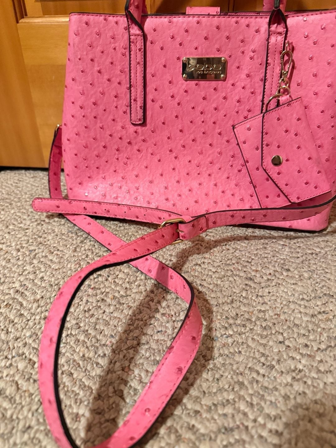 bebe Aubrey Faux Ostrich Pink Satchel with Matching Card Case