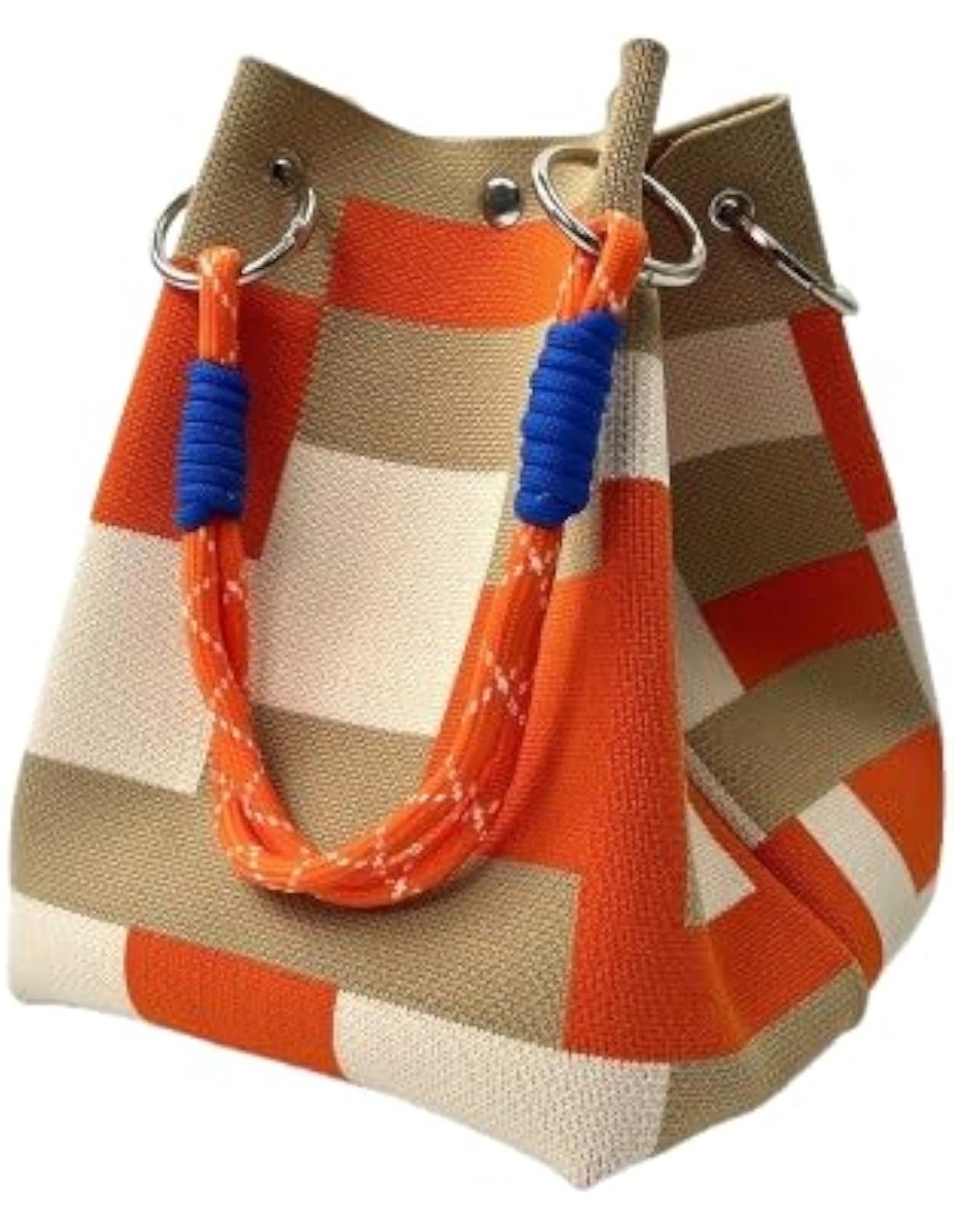 Modern Geometric Knit Bucket Bag Set – Orange Tan Cream Colorblock Tote…..