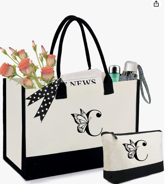 BeeGreen Initial Canvas Tote Bag w Makeup Bag Monogram Beach Tote Bag(Letter C)