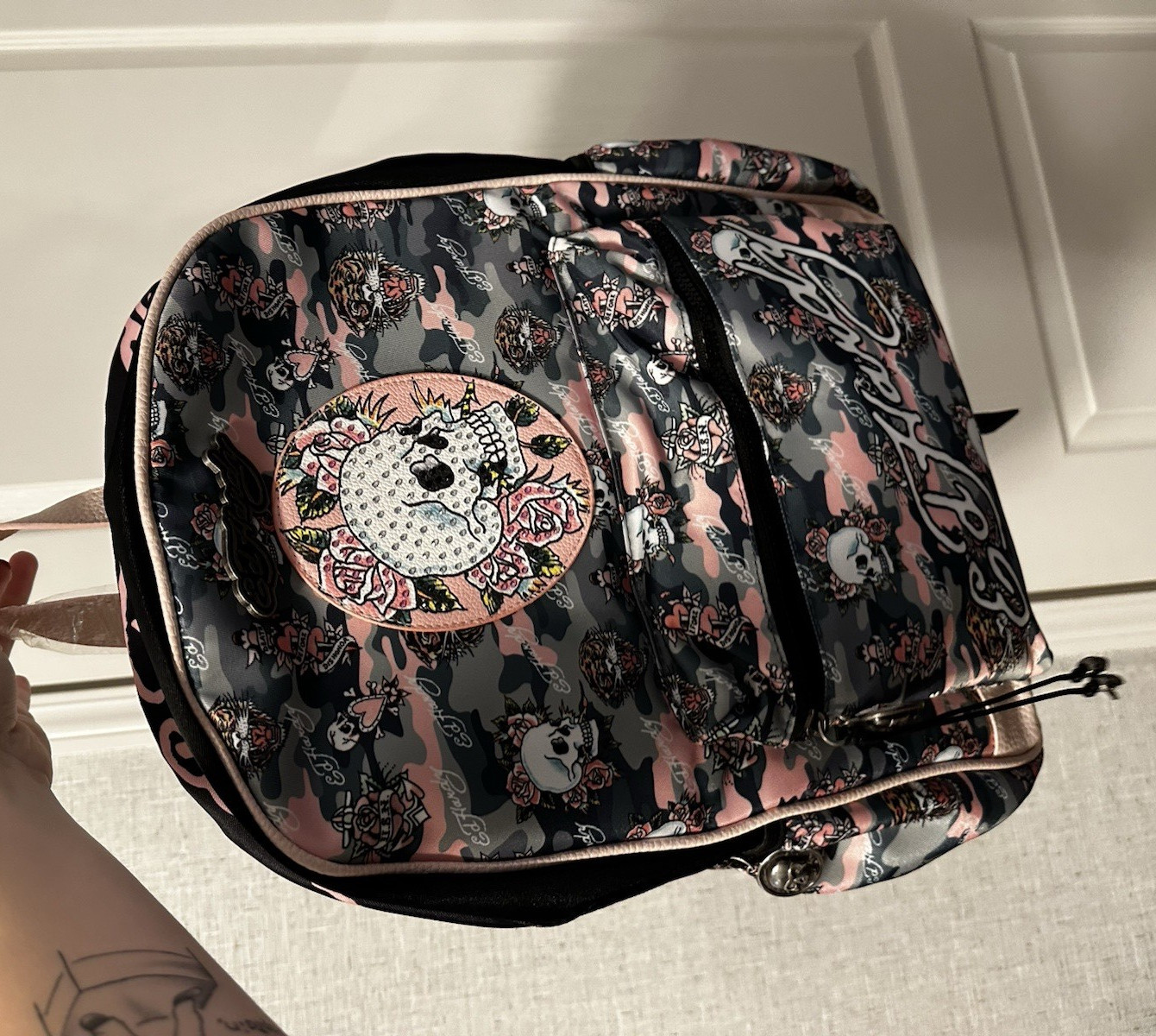 Ed Hardy Skull Logo Camo Zip Backpack Medium Pink/Gray/Black Pockets