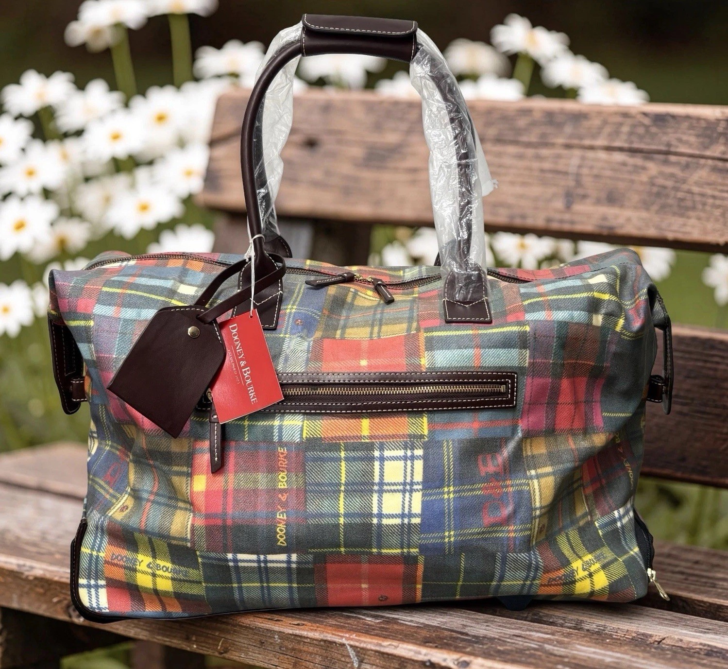 Dooney Bourke Madras Plaid Tartan XL Rolling Travel Duffle Luggage Bag Vintage