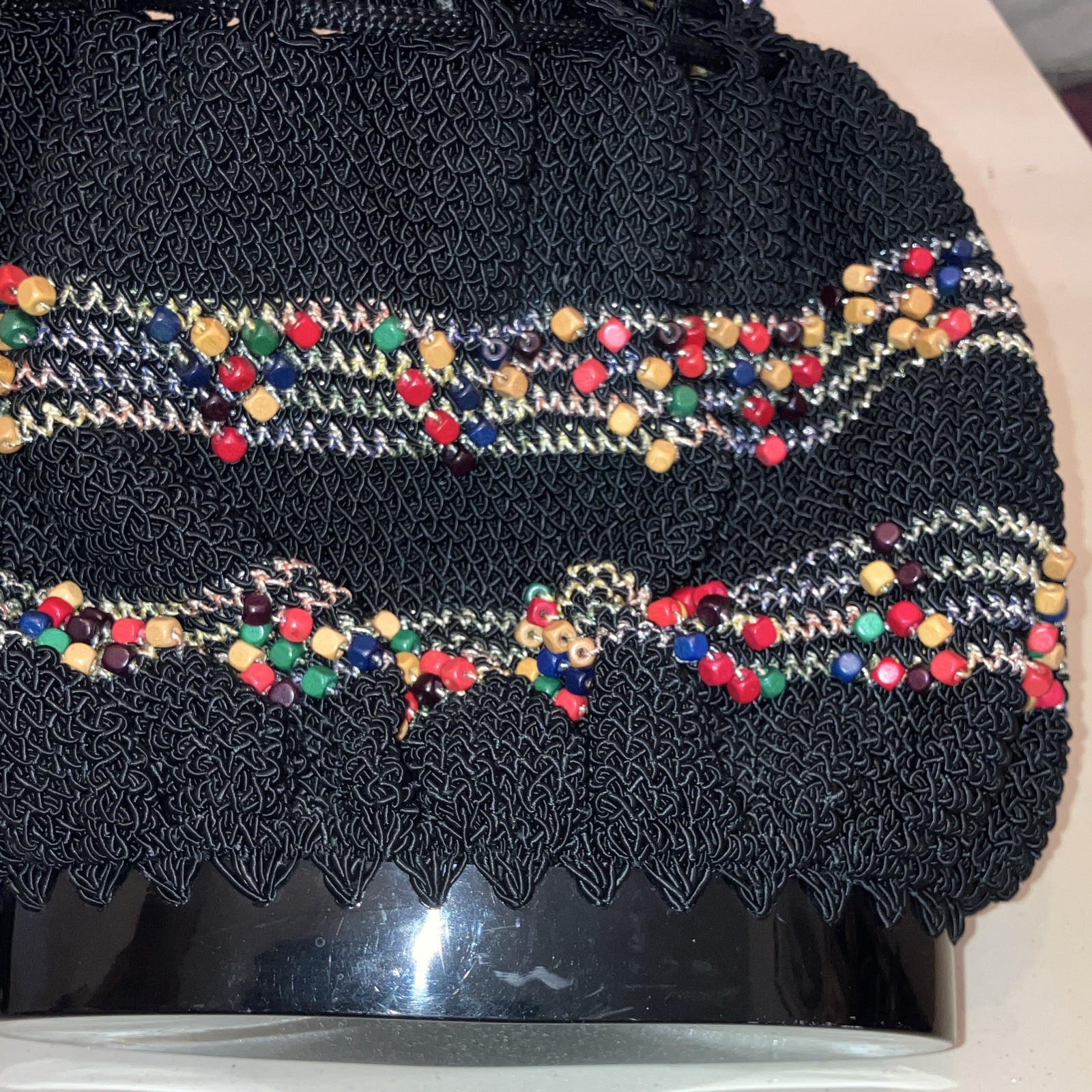 Beaded Drawstring Purse Black With Multicolored beads hard plastic bottom (K6)