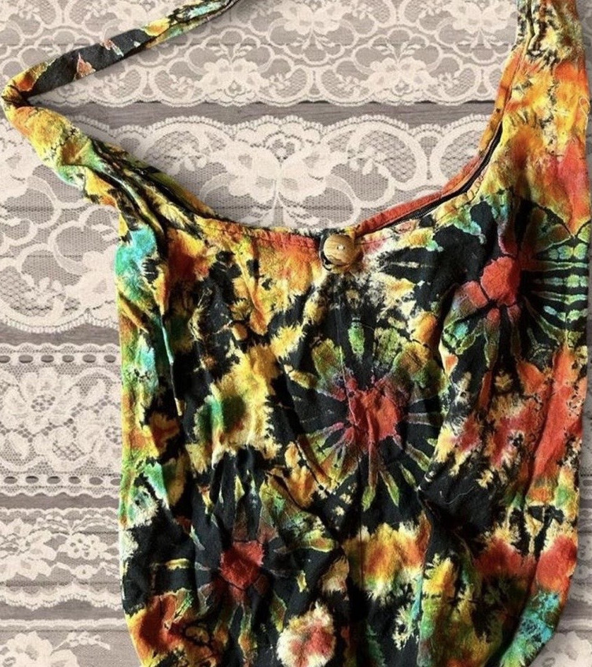 Tie-Dye Multicolor Shoulder Bag Zip Closure Button Accent