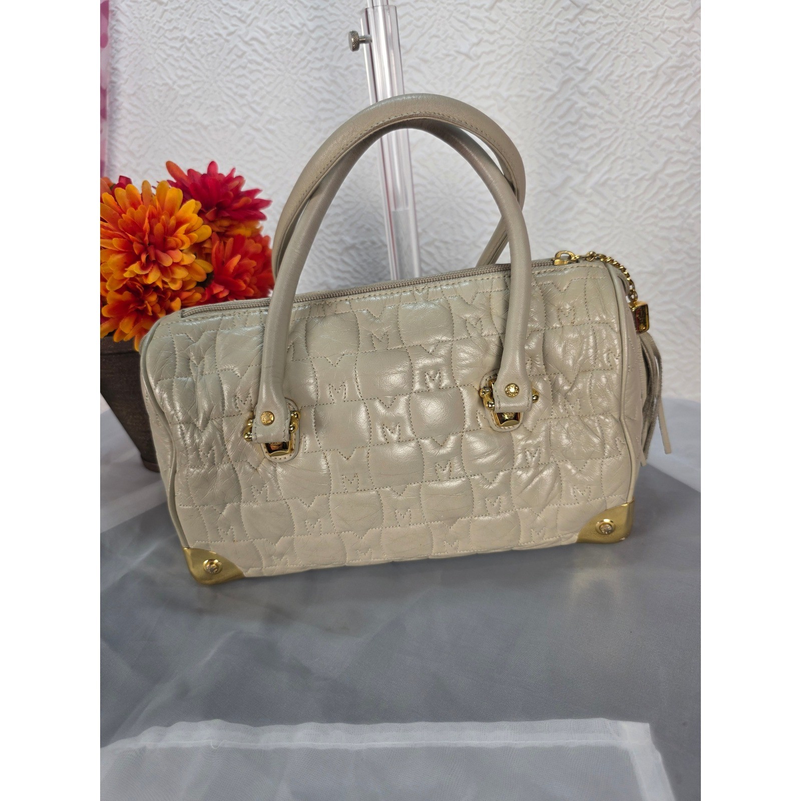 Metrocity Cream Quilted Leather Satchel Bag Gold Hardware Logo Tassel Handbag