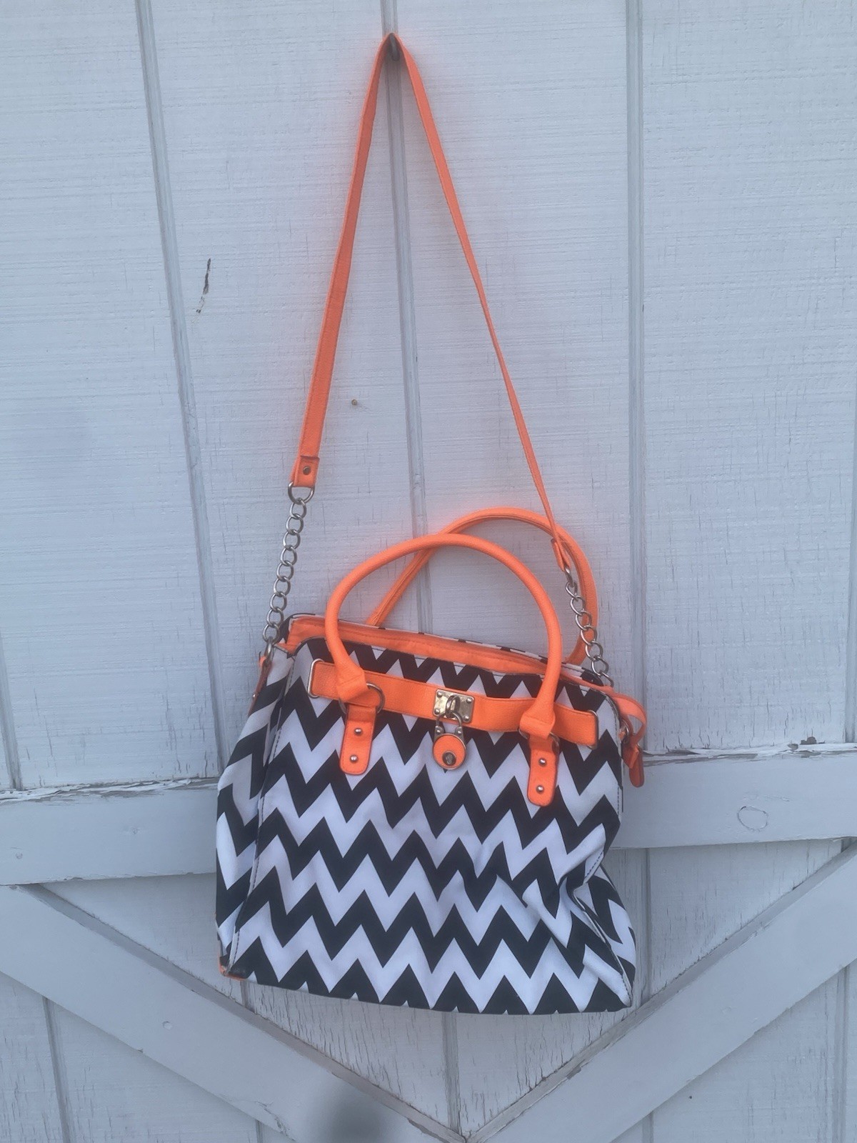 Neon Orange With Black/white Chevron Long Strap Purse Bag