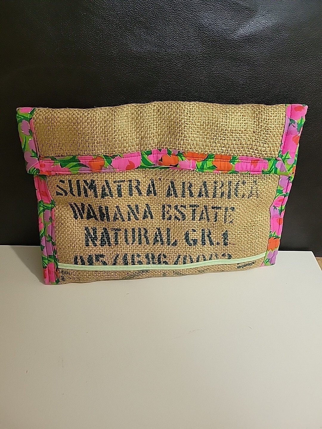 LABUDDE Coffeebean Burlap Padded Purse Handbag Floral Border .READ READ READ