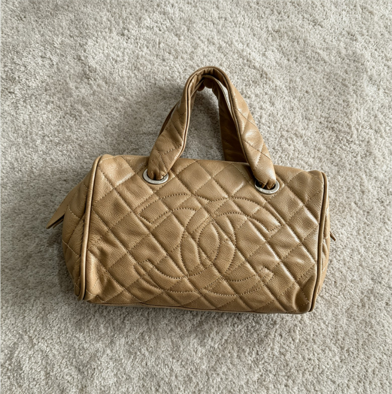 AUTH Chanel Boston Bag Beige Calfskin Silver Hardware Top Handle Handbag Tote