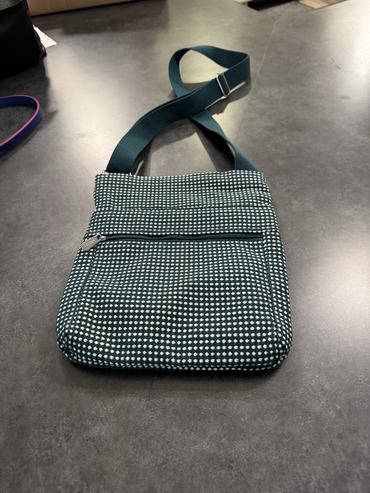 Thirty-One Teal & Cream Check Pattern Fabric Crossbody/ Shoulder Bag