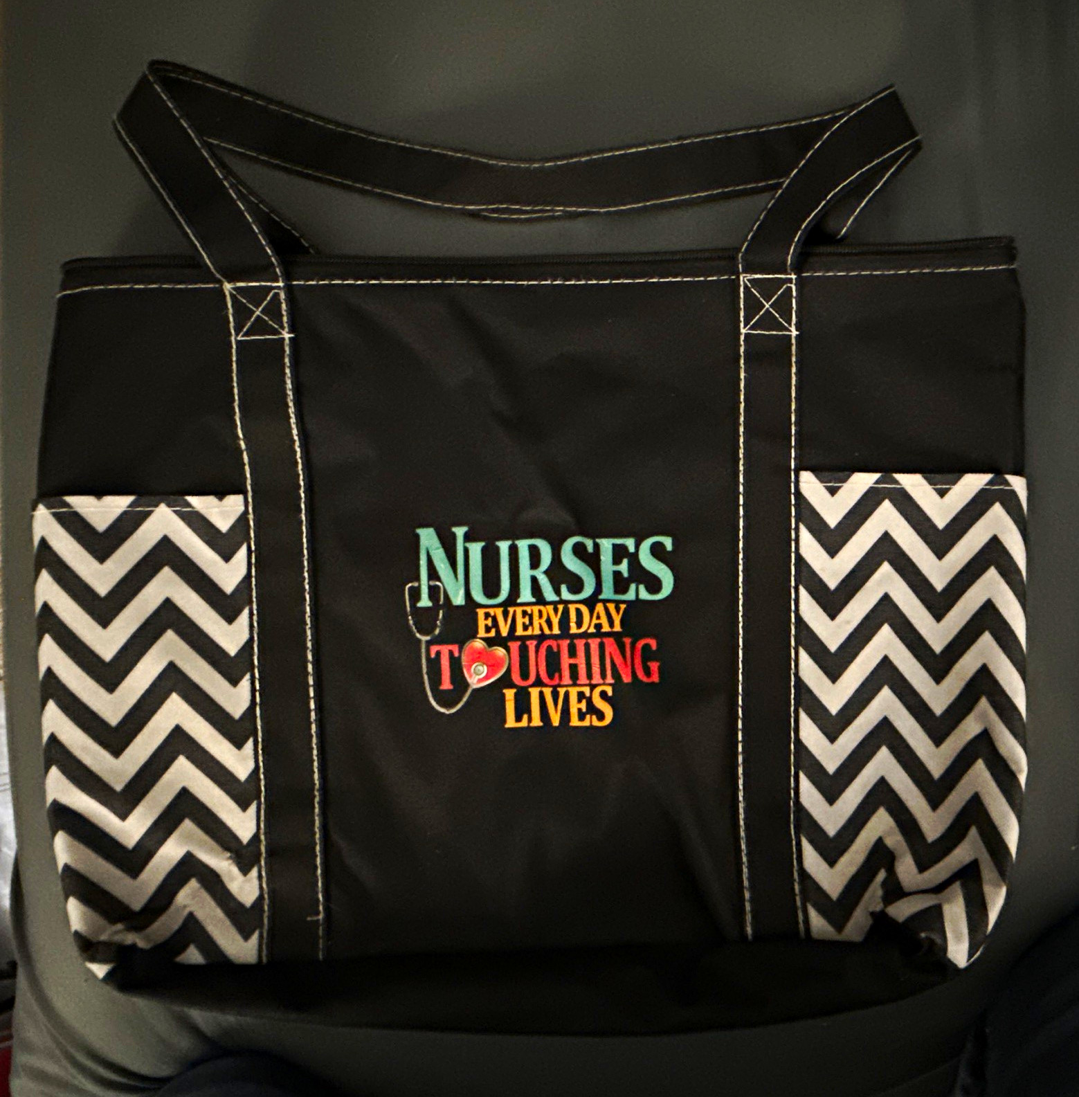 Black Canvas Tote Bag Embroidered Nurses Quote, Chevron Outer Pockets