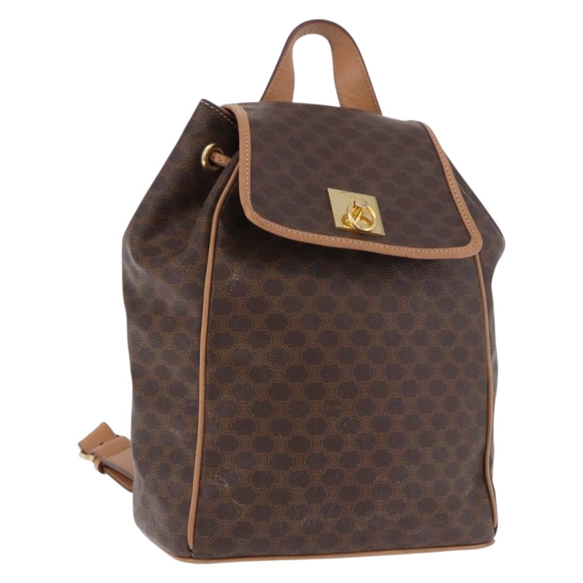 CELINE Macadam Canvas Backpack PVC Leather Brown Gold Auth 186101A