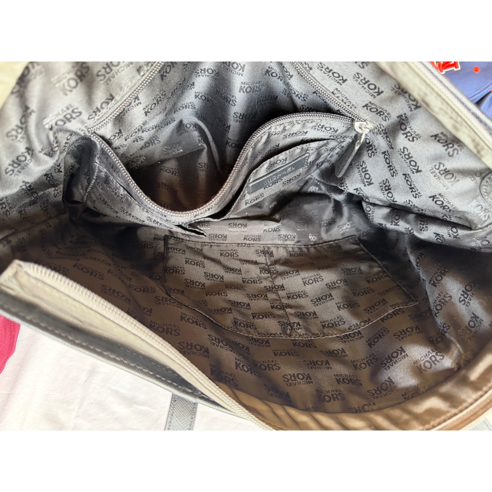 Michael Kors Polly Large Grey Nylon Tote Bag Black Leather Trim 38S5XMTT3C