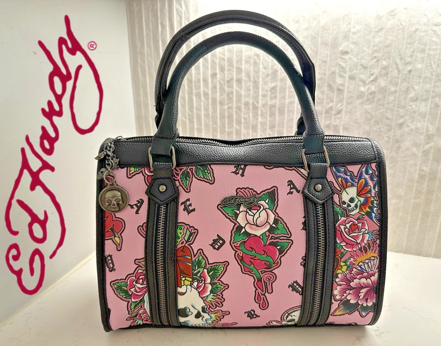 ED HARDY Pink Skull Purse CUSTOMIZED Tiger Print Interior Removable Strap NWT