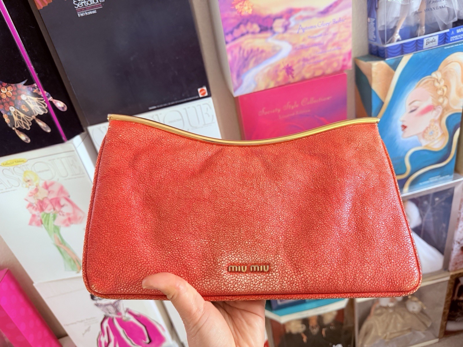 Miu Miu Red Clutch Gold Hardware Logo Zipper Top Lined Inner Pockets